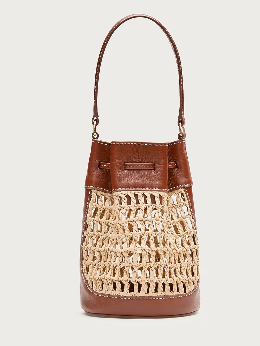 J. Crew Drawstring Brown English Saddle Leather & Straw Mini Bucket Bag #OA3 - Picture 5 of 16